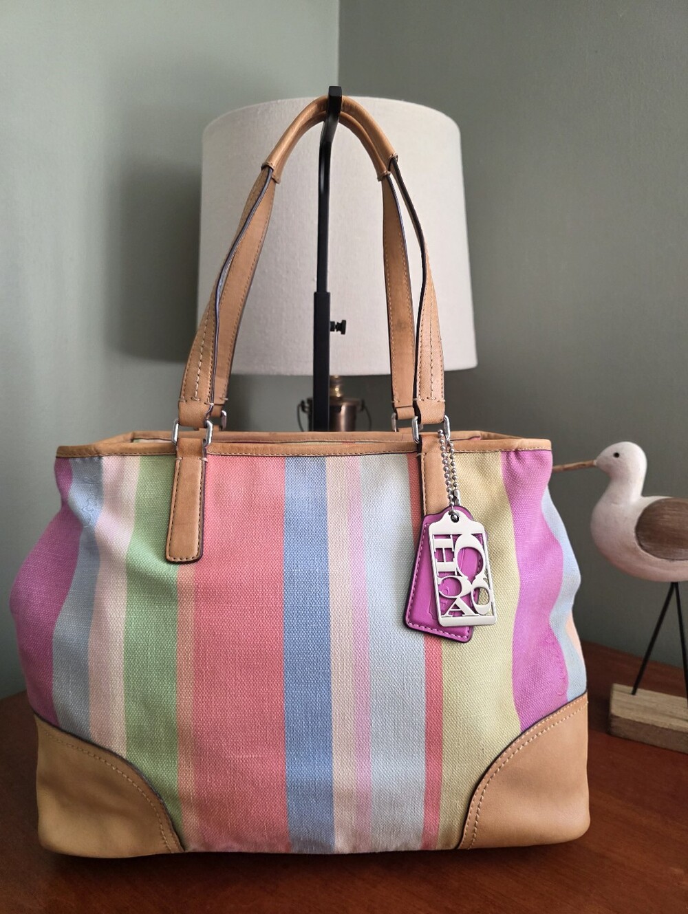 Coach Hamptons Weekend 19357 Legacy Stripe Canvas Leather Tote Bag Y2K